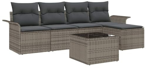 vidaXL 5-teiliges Garten-Sofa-Set mit Kissen in Grau für den Außenbereich. Aus Poly Rattan. Bequem, weich und stylish mit modernem Look. Perfekt für Deine Terrasse oder als Loungemöbel.