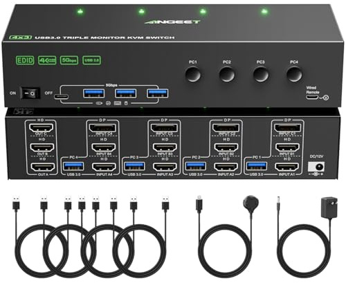 KVM Switch 3 Monitors 4 Computers 4K@60Hz,EDID Simulation,USB 3.0 HDMI Displayport KVM Switch Triple Monitor for 4 PC Share 3 Monitors and Keyboard Mouse Printer,with Wired Remote and 4 USB Cables
