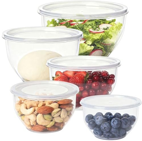 Greentainer Plastic Mixing Bowls Set with Lids, Nesting Bowls for Prepping, Serving, Cooking & Baking, Large Mixing Salad Bowl for Kitchen Storage, Dishwasher & Microwave Safe, Set of 5 (Clear)