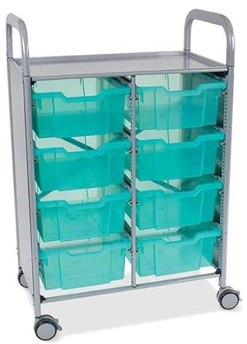 Gratnells Callero Shield Double Storage Trolley with 8 Deep Trays, Silver Frame with Teal Trays