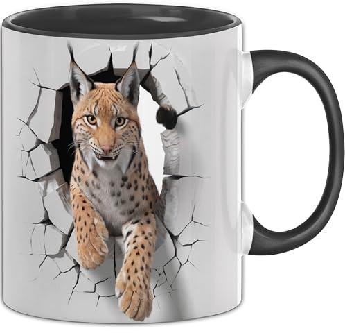 3D Luchs Tasse Geschenk Luchs Durchbruch Wand Spruch Geschenkidee für Luchs Liebhaber (Schwarz)