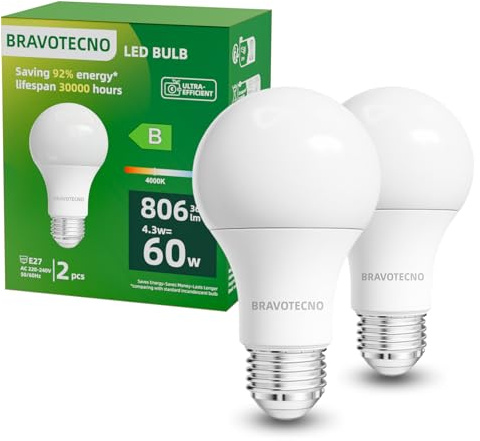 bravotecno E27 LED Glühbirne, Energieklasse B E27 LED Neutralweiss, 4000K 4.3W 806LM A60 Neutralweiß Leuchtmittel Entspricht 60W, 360° Abstrahlwinkel, Nicht Dimmbar, Wärmearm & Langlebig, 2 Stück