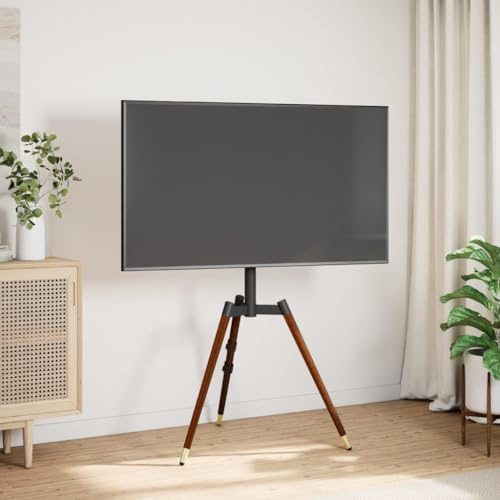Support TV à trépied pour écran 37-65 Pouces, VESA 400x400mm, Charge Max 40 kg, pivotant ±50°, Pieds en Bois et Acier avec Gestion des câbles, sans perçage pour Maison ou Bureau