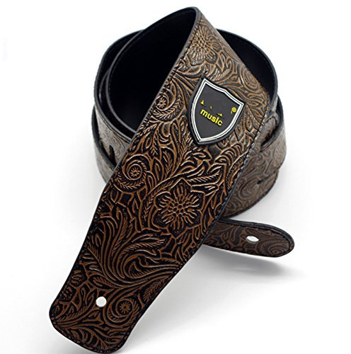 Elonglin Gitarrengurt, bedrucktes PU-Leder/weiche Baumwolle, Western Vintage 60er Retro Schultergurt für E-Bass Gitarre, breiter Verstellbereich (127-160)*6.5cm braun