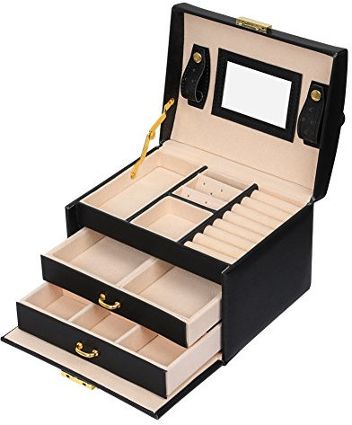 Mondeer Jewellery Box, Jewellery Oganiser, 3 Layers PU Leather Jewelry Storage Box with Mirror and Lock, for Rings Bracelets Earrings Necklaces, Black