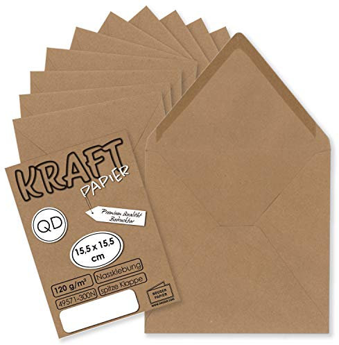 50x Vintage-Umschläge quadratisch aus braunem Kraftpapier - nachhaltig - 15,5 x 15,5 cm - Nassklebung Spitzklappe - NEUSER PAPIER