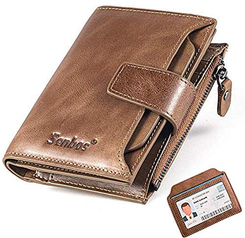 Senbos Portefeuille Homme, Blocage RFID Portefeuille en Cuir Vachette Première Couche avec 18 Porte Carte Crédit, 2 Compartiment à Billets, Poche à Monnaie, 2 Fenêtres d'identification y Boîte Cadeau