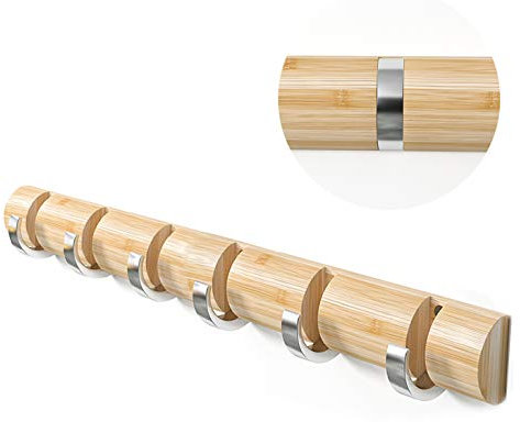 WODENY Bamboo Wall Mounted Coat Rack, Towel Hook Hanger Space Saving Modern Sleek with Retractable & Flipped Smooth Kirsite Hooks for Hanging Towels Keys Hats Heavy Duty Shower Wall(Natural, 6 Hooks)