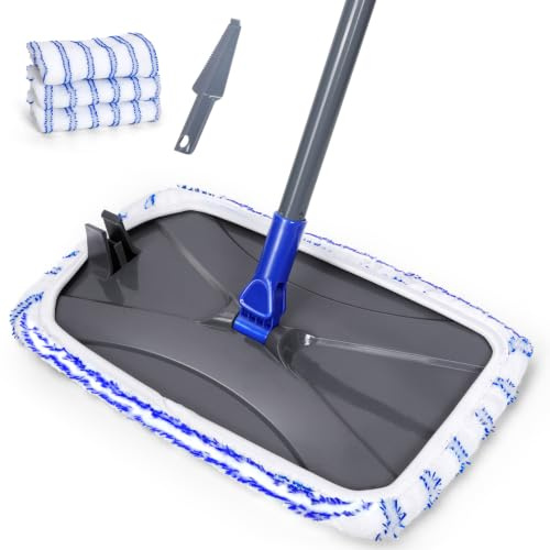 Masthome Mocio piatto in microfibra con 5 testine riutilizzabili e manico telescopico, per la pulizia di pavimenti in legno, laminato, piastrelle in ceramica