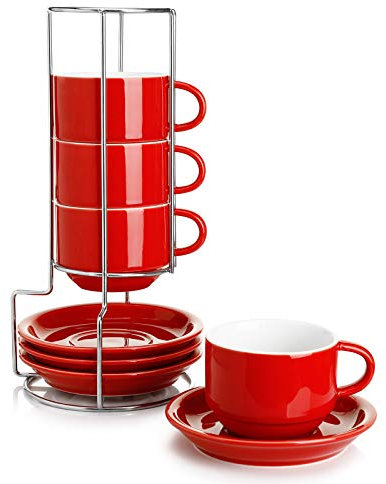 Sweese 8 Ounce Porcelain Stackable Cappuccino Cups with Saucers and Metal Stand - for Specialty Coffee Drinks, Cappuccino, Latte, Americano and Tea - Set of 4, Red