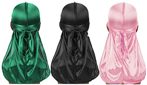 Seidige Durag Unisex Soft Stretch Kopfwickel mit Langen Schwanz Breiten Trägern 360 Samt Wellen Durags Kappe Langen Schwanz Kopftuch Bandana für Frauen Männer Kinder