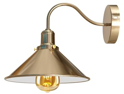 Retro Wall Light Lamps, Island Edison Swan Neck Metal Arm E27 Sconce, Cone Light Shade 22cm, Reading, Bedside Lamp, Kitchen, Indoor, Living room, Modern Industrial Wall Fittings (Französisches Gold)