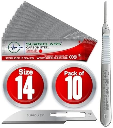 Surgical Scalpel Surgical Blades # 14 Carbon Steel Sterile Pack of 10 and Handle No 3 Perfect for Wood Art, Surgical, Sculpting, Repairs, Lab Anatomy, Sign, Card Making Lab Training SURGIRD14-10