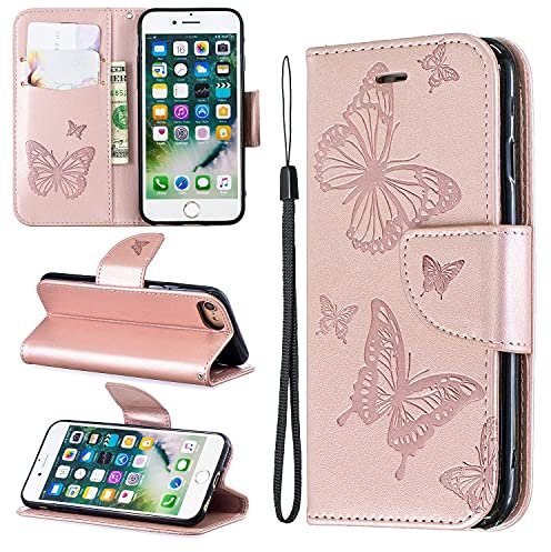 nancencen für iPhone 7 / iPhone 8 / iPhone SE 2020 Handyhülle, Mit Zwei Kartenfächern Portemonnaie Stil Flip Cover Reiner Farbe Schutzhülle Schmetterlingsdruck Kunst - Rosa