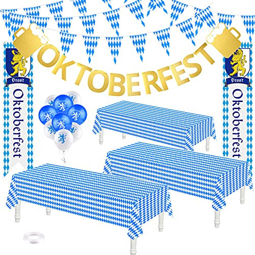 TUPARKA Oktoberfest Party Deko Set Bayern Deko Bayrisch Deko, 20m Wimpelkette Wimpel Girlande, 3 Tischdecken, 2 banner, 1 Buchstaben Girlande, 10 Luftballons