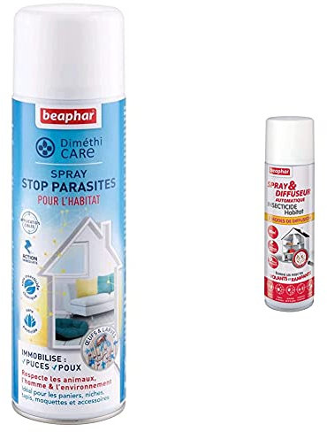 BEAPHAR – DIMETHICARE – Spray Stop parasites pour l’Habitat – 400 ML & Spray & Diffuseur Automatique Insecticide Habitat – Tue Les Insectes Volants, rampants, Les œufs et Larves – 250 ML