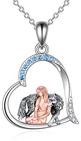 YAFEINI Wolf Anhänger Mädchen Halskette 925 Sterling Silber Schmuck Geschenk für Damen Mädchen (Wolf und Mädchen Halskette 2)