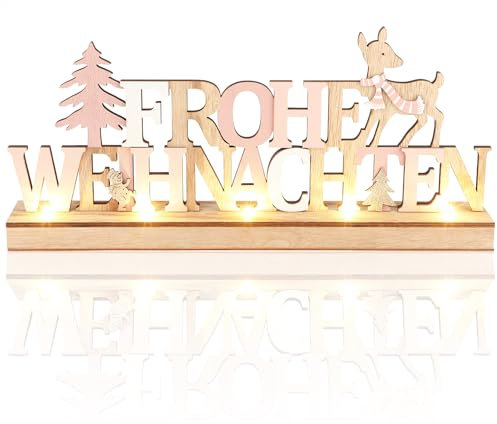 com-four® LED Deko Aufsteller aus Holz - beleuchteter Schriftzug auf Holzsockel - Deko-Schriftzug zum Hinstellen für Weihnachten - Stimmungslicht mit Timer (Rentiere - rosa)