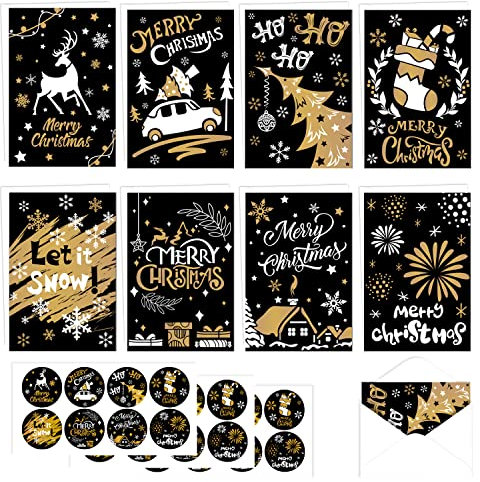 VEYLIN 24 Weihnachtsgrußkarten mit schwarzer Bronzierung, mit 24 Umschlägen und Aufklebern