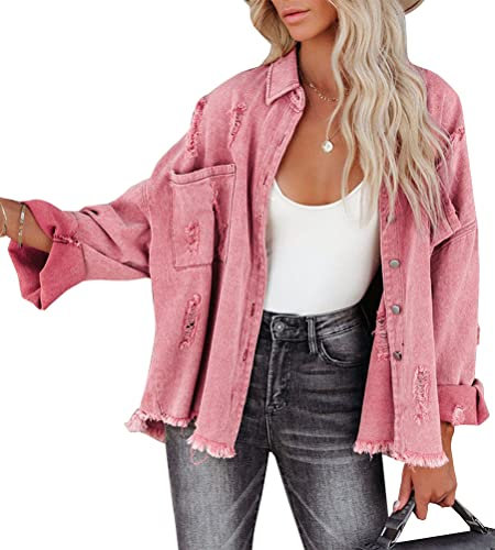 Onsoyours Veste en Jean Femme Coat Boutons Simple Blouson en Denim Jacket Casual Loose Manches Longues Manteau en Jean Couleur Unie Outwear Rose XL