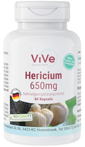 Hericium 650mg - 60 Kapseln Pilzpulver - Vitalpilz - hochdosiert und vegan | Qualität aus Deutschland von ViVe Supplements