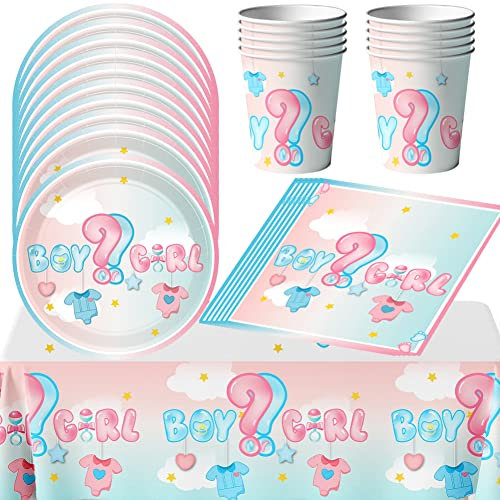 HGSHUO Stoviglie per Feste Gender Reveal Party Stoviglie per Compleanno Boy or Girl Decorazioni Tovaglia Piatti Bicchieri di Carta Tovaglioli Forniture per Feste Baby Shower 10 Ospiti