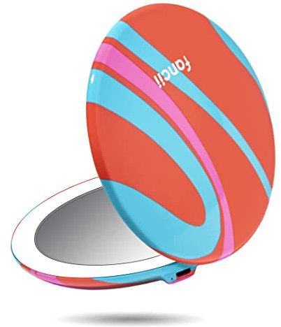 Fancii Tragbarer Makeup Spiegel wiederaufladbar mit dimmbares LED Licht, 3 Lichtfarben und 10X Vergrößerungsspiegel, Große 123mm Beleuchteter Kosmetikspiegel Taschenspiegel, Taylor (Groovy Vibes)