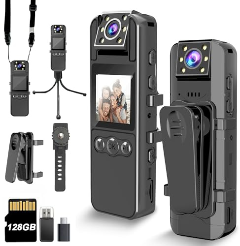 KSADBOSSBO H82 Body Camera with Audio & Video Recording, 1080P HD, 180° Rotating Lens, 6HR Battery, IR Cut Auto Night Vision, 128GB Storage, for Personal Civilians, Police Law Enforcement