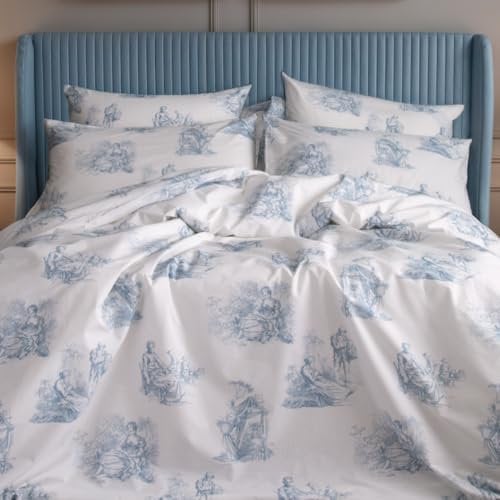 LERUUM King Size Duvet Cover Cotton Bedding Toile De Jouy Pattern Light Blue White Autumn Winter Quilt Cover Bed Set 200TC BCI with 2 Pillowcases(King Size)