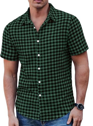 COOFANDY Mens Short Sleeve Shirt Summer Plaid Checked Button Down Casual Cotton Shirt Green Black XL