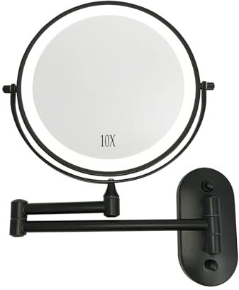 Yarhom Kosmetik-Vergrößerungsspiegel mit LED-Leuchten, 1-fach/10-facher doppelseitiger Vergrößerung, wiederaufladbarer Badezimmer-Wandspiegel für Make-up-Rasur (Schwarz,10X Vergrößerung)