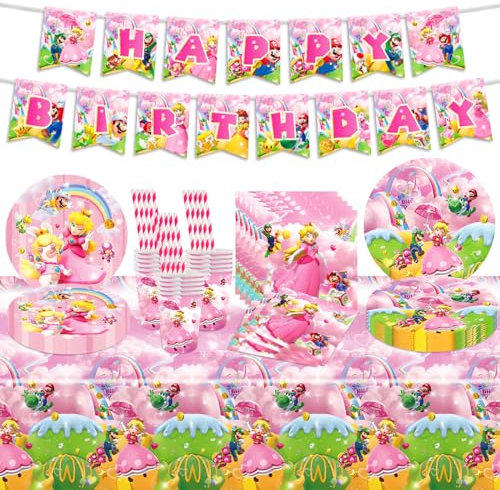 Party Decorations, 62Pcs Princess Peach Birthday Decorations, Party Supplies-20pcs Wrapping Paper, 1pcs Birthday Banner, 10pcs Cups, 10pcs Straws, 20pcs Paper Plates, Table Cloth Party Bags