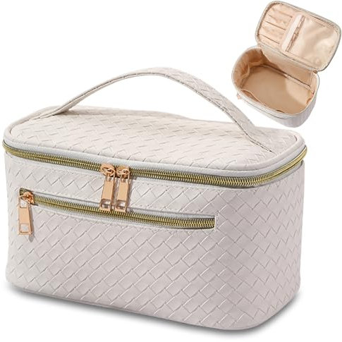 TOPALL Kosmetiktasche Reise Damen,Beauty Case PU Leder,Groß Make Up Tasche,Portable Schminktasche Kulturtasche Organizer mit Kapazität für Reisezubehör Travel Essentials Women(Weiß PU)