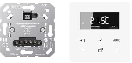 JUNG Home Raumthermostat-Set mit 1790RTR Raumtemperaturregler-Einsatz mit Fühleranschluss + BTCD1791WW Raumthermostat-Display Glas Alpinweiß Serie CD