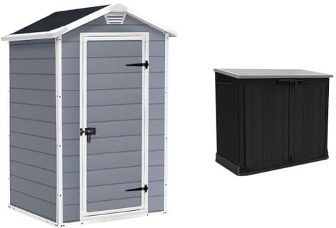 Keter Manor & Nova Outdoor Garden Storage Sheds, Grey, 4 x 3 ft & 32 x 71.5 x 113.5 cm, Dark & Light Grey