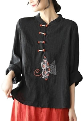 xinrishe Hauts Chinois De Style Ethnique Rétro pour Femmes Chemise Ample Et Décontractée Grande Taille Broderie Exquise Chemisier Traditionnel Hanfu (Color : Black, Size : 3XL)