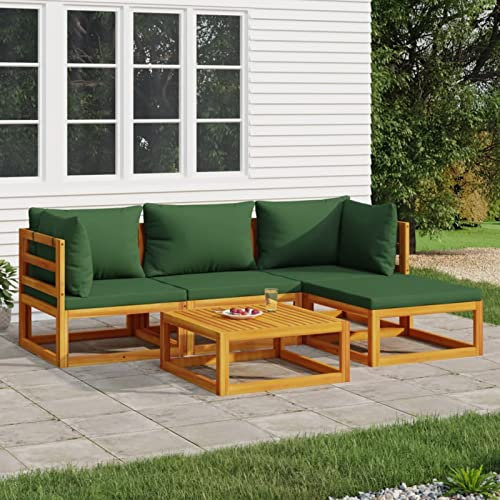 Rantry Casa - Juego de salón de jardín de 5 piezas con cojines verdes de madera maciza, para salón, jardín, salón, tumbonas, sofá cama, muebles, tumbonas para jardín, terraza, exterior, piscina y