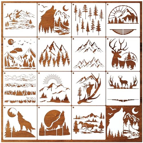 15 Stück Hirsch-, Wolfs- und Berg-Schablonen, wiederverwendbar, Kiefernbaum-Schablonen, Wald, Wildtiere, Malvorlage, Holzverbrennungsschablone, Malerei auf Holz, Basteln, Wanddekoration,