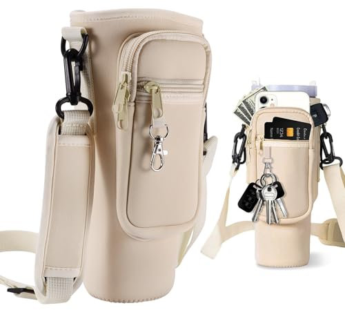 XiangSKY Water Bottle Holder for Stanley 40OZ with Adjustable Strap and Keychain,Neoprene Water Bottle Bag with Straw Cover,Water Bottle Pouch Fits Stanley 40oz Cup for Walking and Fitness (Apricot)