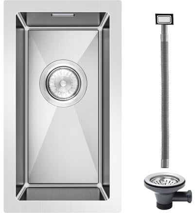 ROVOGO 304 Stainless Steel 45 x 23 cm Undermount Kitchen Sink with Basket Strainer Waste and Overflow Kit, Handmade Small Kitchen Sink, Brushed 1 Bowl Rectangular