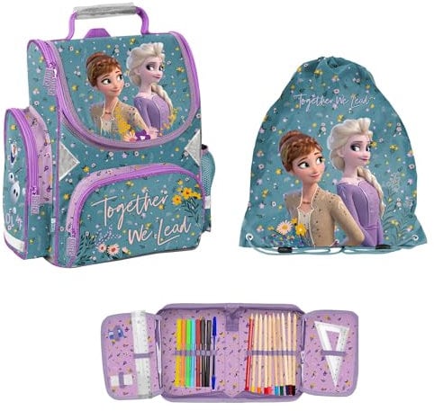 Ragusa-Trade 3-TEIILIGES SCHULSET: Schulrucksack + Turnbeutel + BEFÜLLTE FEDERMAPPE - Frozen - TÜRKIS