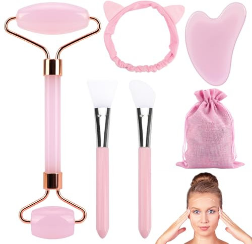 Coicok Rouleau de Quartz Rose et Gua Sha - Rouleau de Massage Visage et Gua Sha Masseur - Double Extrémité et Pierre de Massage Naturelle avec Sac de Rangement pour Anti-âge Anti-rides