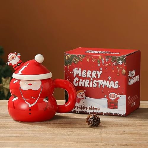 VollfitYYu Weihnachtsbecher Neuartige 3D Weihnachtstasse 400ml Keramik Kaffeetasse mit Deckel und Löffel Geschenk für Frauen Männer Mädchen Freunde (Rot-Weihnachtsmann)