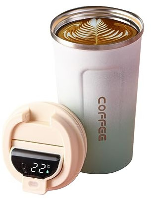 HUIOP Tazas de Cafe,Tazas de café Inteligentes de Doble Pared, Taza aislada de Acero Inoxidable con Tapa, Pantalla de Temperatura para café Caliente/Helado