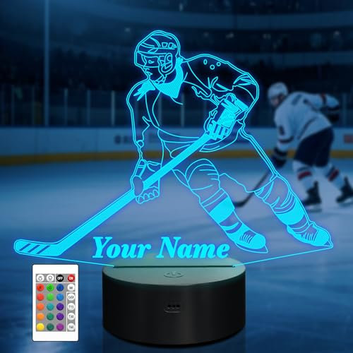 CooPark Individuelles Eishockey Geschenk,Personalisiertes 3D Eishockey Nachtlicht für Kinder mit 16 Farbwechsel Dimmfunktion, Sportthema Schlafzimmerdekor Coole Lampe für Kinder