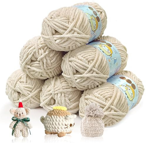 BOUFEIDA Chenille Chunky Wolle zum Häkeln Dickes Garn, 6 Rolle 50g Dicke Wolle zum Stricken, Velvety Baby Wool, Chenille Garn für Hüte, Schals, Socken, Tasche (Helles Khaki)