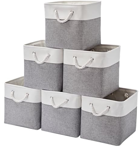 ICEMOR 30.5 x 30.5 x 30.5 cm Cube Storage Boxes, 6 Pack Large Collapsible Fabric Storage Bin with Ropes, Foldable Cube Baskets for Kallax, Office,Closet, Clothes, Toys Organizer (White & Grey)