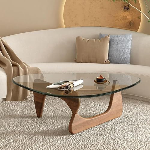Table basse moderne en verre avec design triangulaire et pieds en noyer 114 x 82 x 40 cm