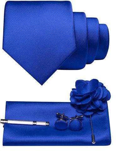 JEMYGINS Herren Krawatte aus Twill mit einfarbigem Design inklusive Pocket Square Manschettenknöpfen Krawattenklemme und Blütenbrosche Geschenkset für Partys Business Hochzeiten Blau