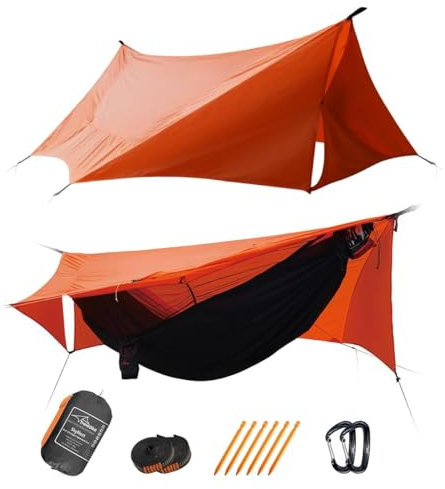 Travel Bird Skynest Hamac de Camping avec Filet et Bâche Anti-Pluie 335 x 140 cm, Tente Hamac de Camping 4 en 1, Hamac Couche Portable Ultraléger avec Corde de Faîtage pour Le Camping, Randonnée